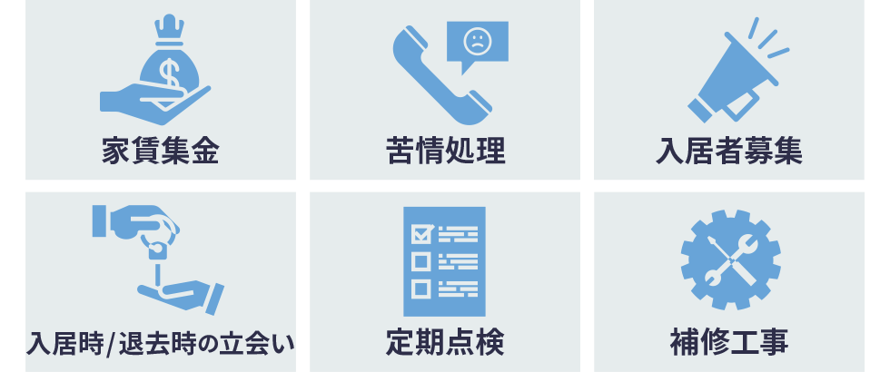 家賃集金・苦情処理・入居者募集・入居時/退去時の立会い・補修工事